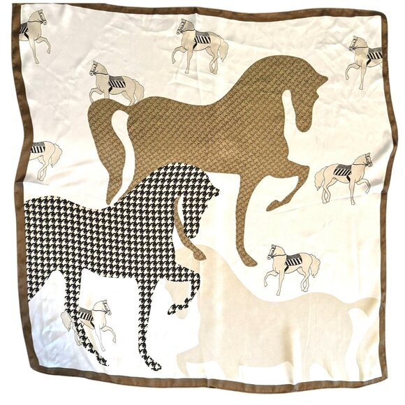 White & Brown Satin Houndstooth Horse Print Scarf, Square 27" x 27" - Picture 1 of 7
